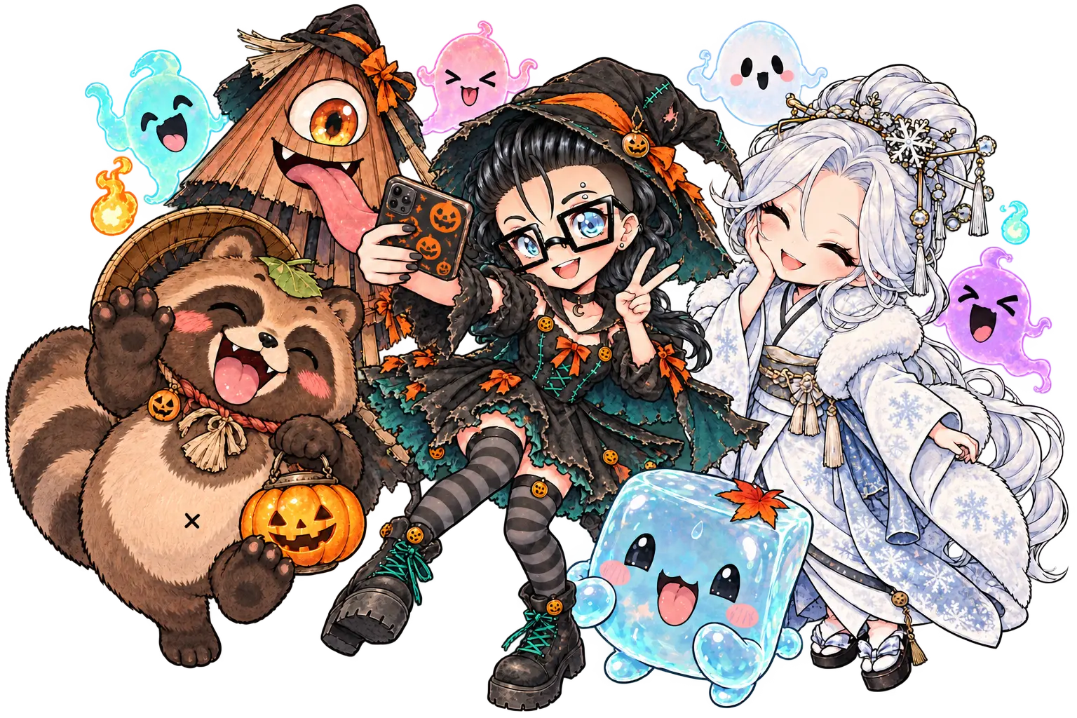 Chiara with tanuki, Kasa-obake, ghosts and slime